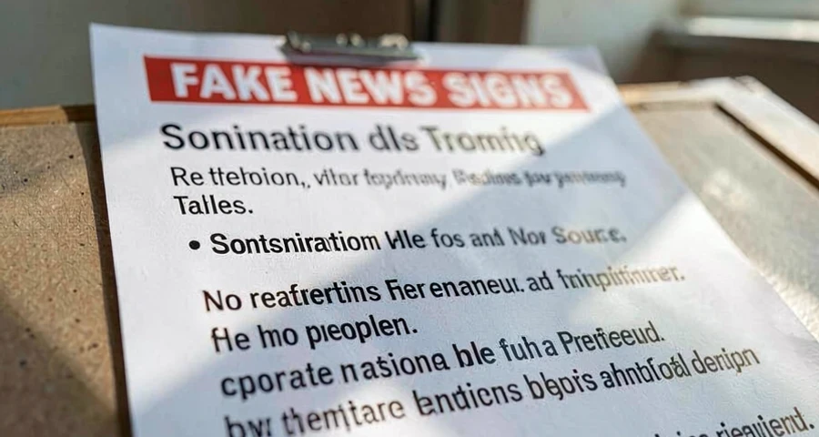 cartaz em inglês com sinais de alerta de fake news como títulos sensacionalistas