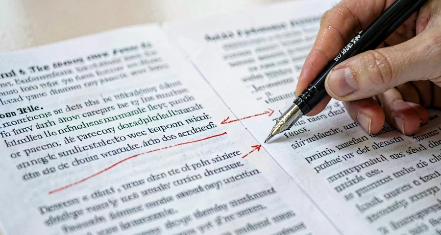 dois textos jornalísticos em inglês sendo comparados e anotados lado a lado