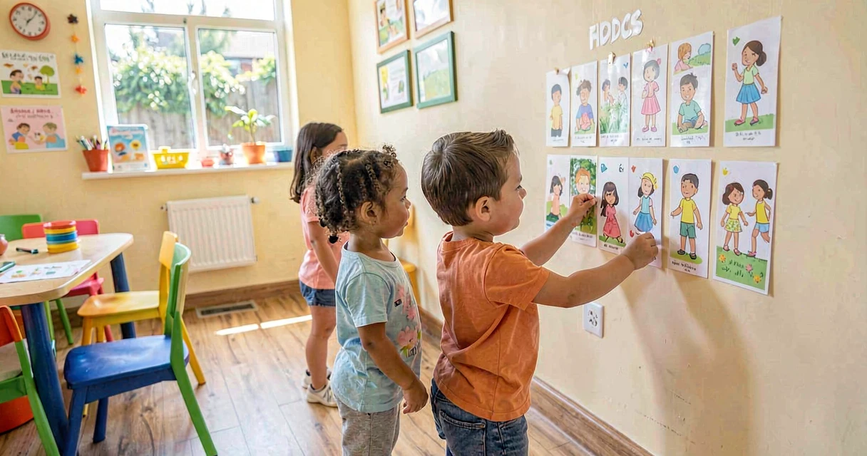 plano de aula avisos da rotina: crianças da creche organizando mural da rotina diária
