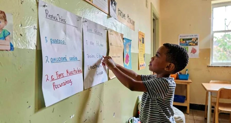 criança da creche posicionando cartaz da rotina em mural na sala