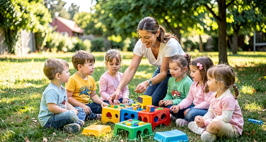 educadora demonstrando jogo novo para crianças da pré-escola no pátio