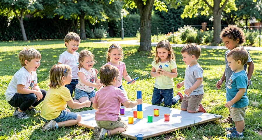 crianças da pré-escola praticando jogo novo em grupo no espaço externo
