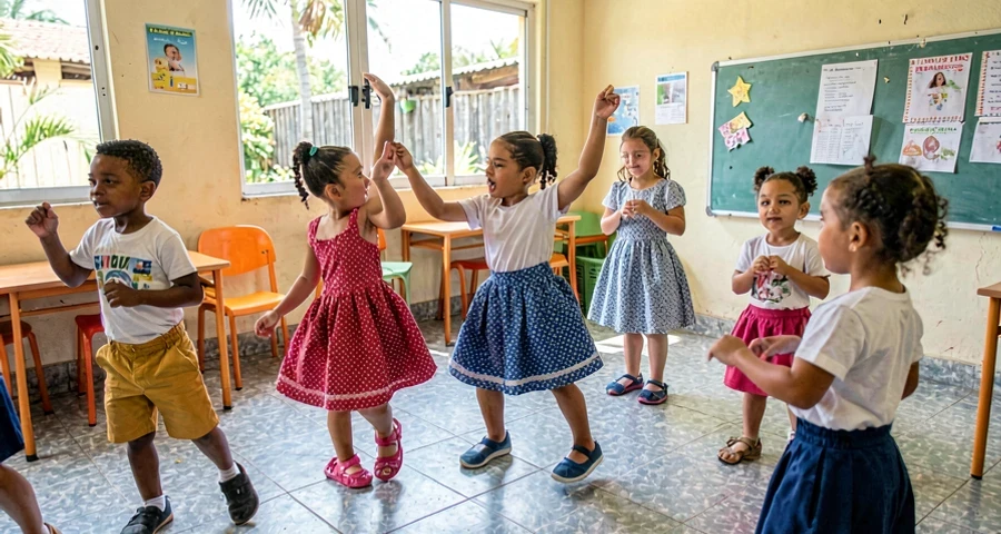 passos de dança tradicional praticados por crianças da creche