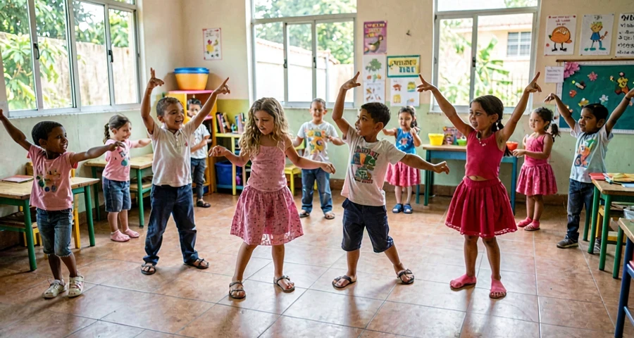 roda formada por crianças durante atividade de dança cultural na creche