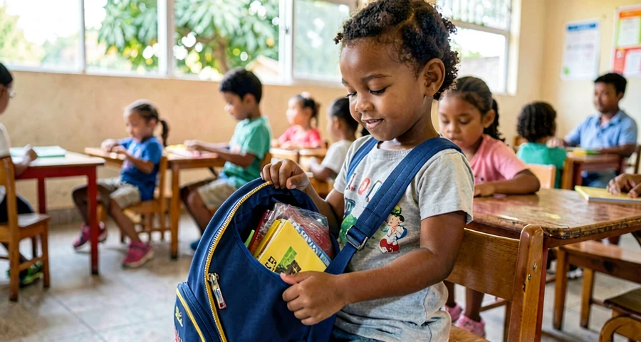 criança da creche guardando pertence pessoal na mochila