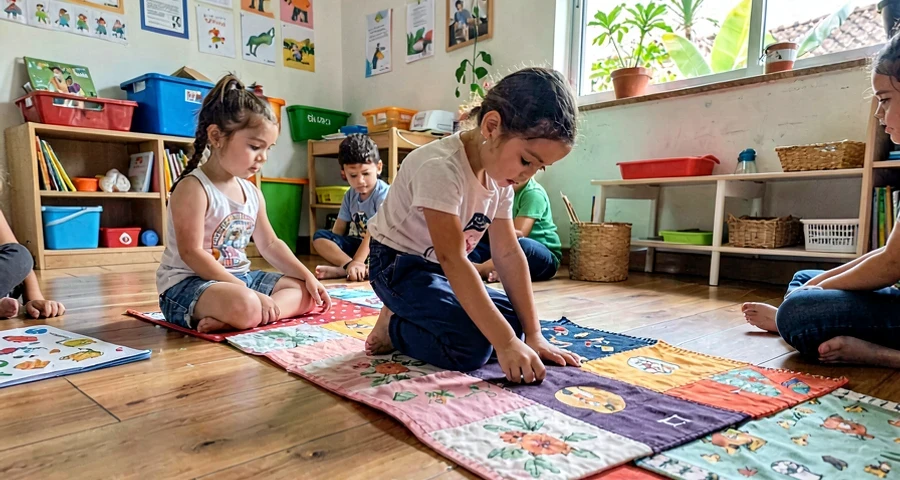 pés de criança sobre caminho de tecidos durante atividade sensorial na creche