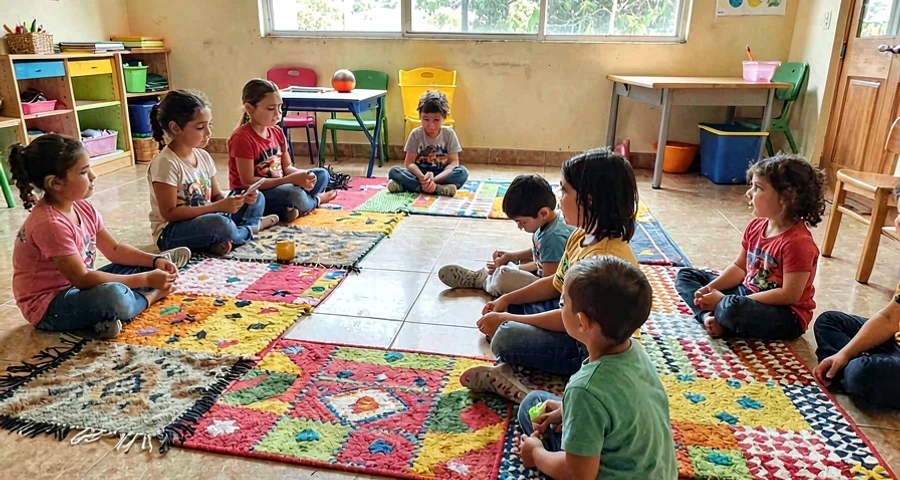 tecidos variados formando percurso sensorial usado em atividade na creche