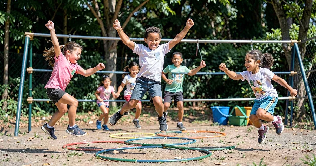 plano de aula circuito de obstáculos: crianças da pré-escola pulando em bambolês no pátio