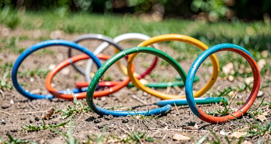 bambolês coloridos organizados em sequência para circuito motor na pré-escola