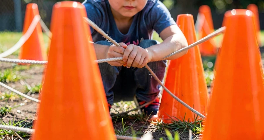 criança contornando cones em zigue-zague durante circuito de obstáculos