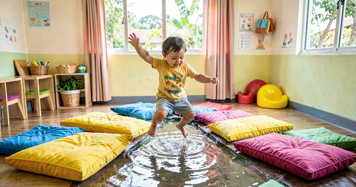 plano de aula rio de almofadas: criança da creche pulando entre almofadas em travessia imaginária