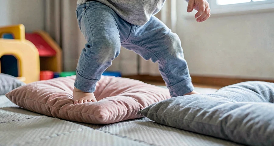 criança da creche pulando entre almofadas durante atividade motora na creche