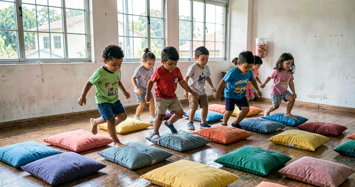 plano de aula trilha de almofadas: crianças da pré-escola atravessando trilha de equilíbrio