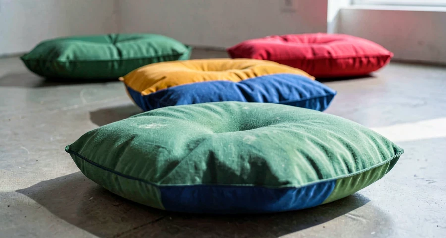 almofadas coloridas organizadas como trilha de equilíbrio no chão