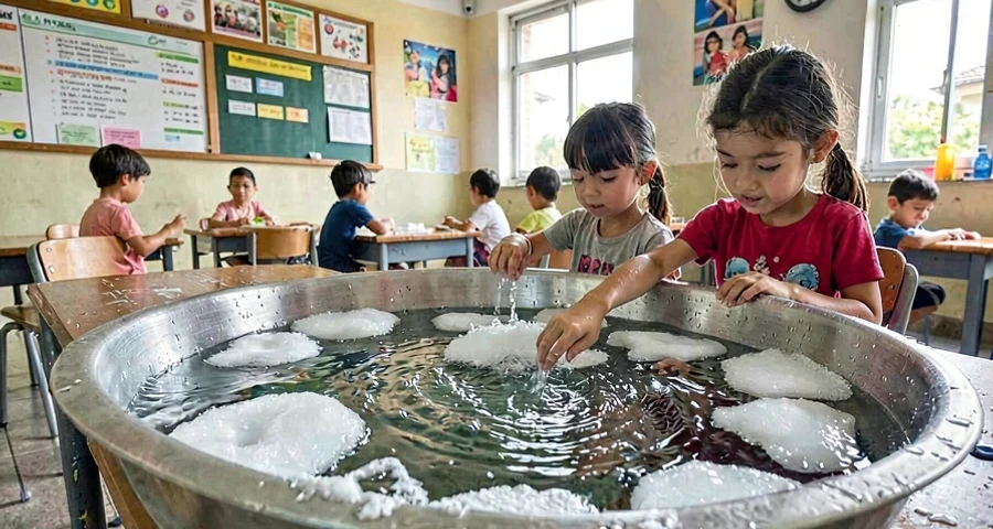 Derretimento de gelo em água: detalhes de transformação e fluxo de água em atividade de ciência para crianças