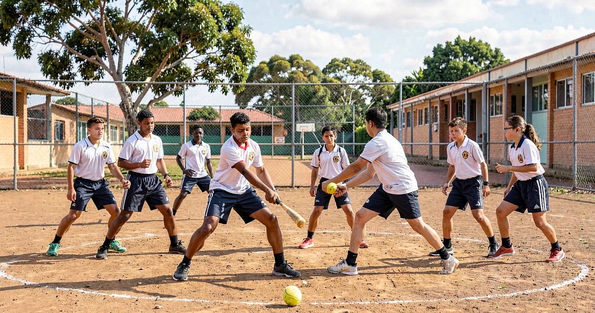 plano de aula esporte de taco e campo: alunos do 9º ano jogando versão adaptada em quadra escolar