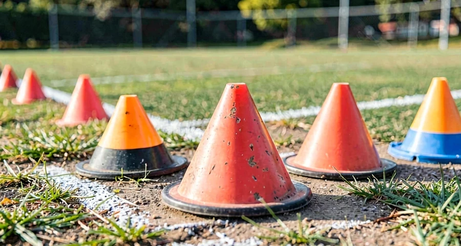 marcadores de base organizados em campo escolar para esporte de taco