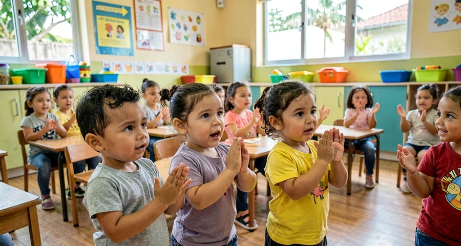 mãos de bebê batendo palmas durante atividade musical na creche