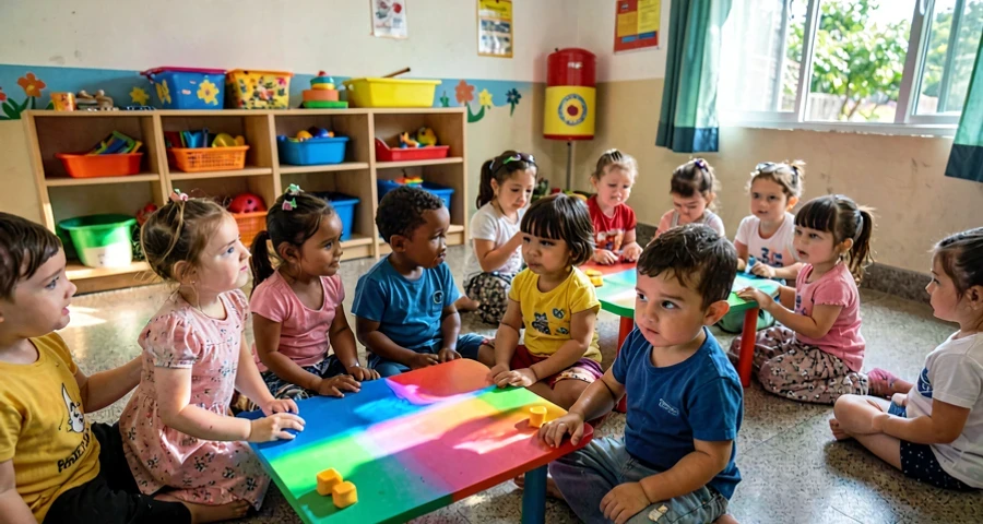 celofane colorido contra a luz durante atividade sensorial de bebês na creche