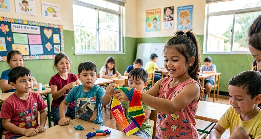 lenço colorido usado como objeto mágico em brincadeira de faz de conta na creche