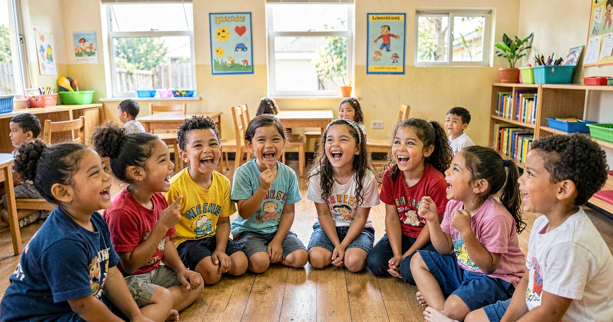 plano de aula trava-línguas: crianças da pré-escola rindo ao tentar repetir trava-língua em grupo