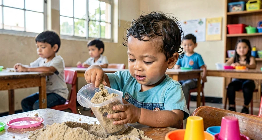 bebê despejando areia de um potinho durante atividade sensorial