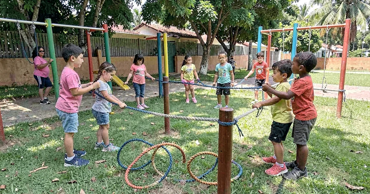 plano de aula cordas e elásticos: crianças da pré-escola em circuito de coordenação motora no parquinho