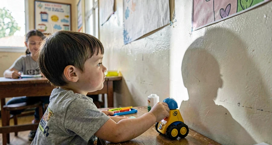 Exploração de sombras com bebê: mão infantil tocando brinquedo com sua sombra projetada na parede