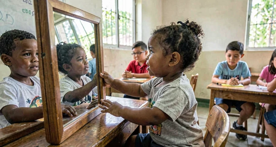 bebê tocando espelho de segurança durante atividade de autoconhecimento