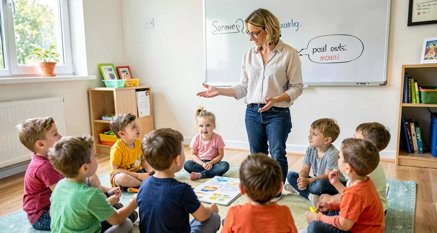 educadora dando pistas descritivas para crianças da pré-escola em jogo de adivinha