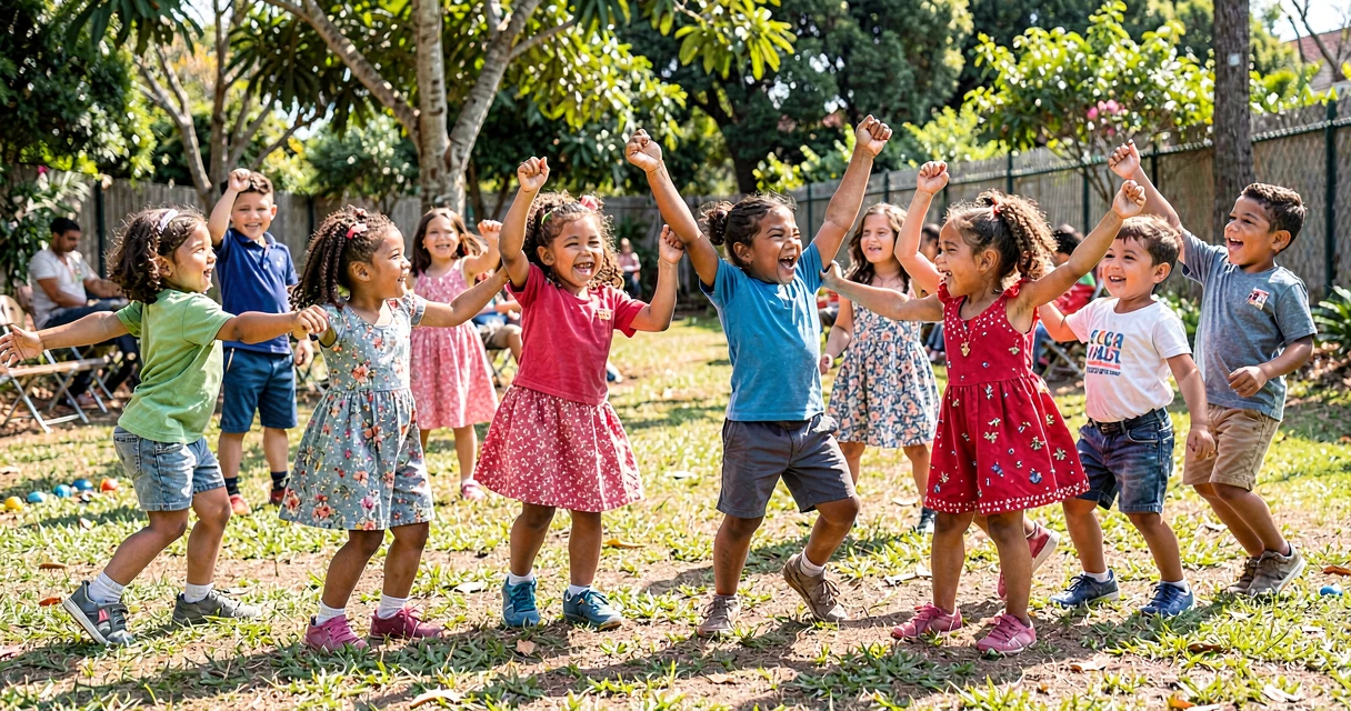 plano de aula boi com outras turmas: crianças da pré-escola dançando juntas em atividade cultural