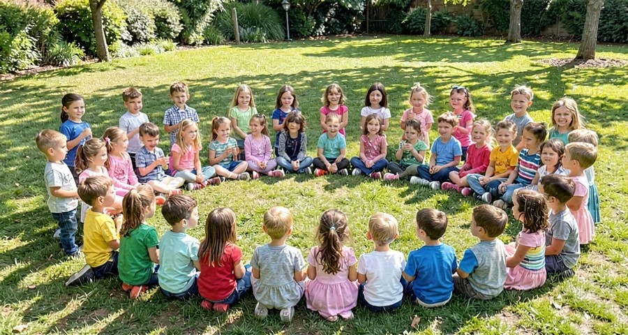 crianças de turmas diferentes formando roda em atividade coletiva na pré-escola
