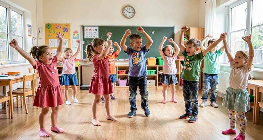 crianças da pré-escola dançando livremente ao som de música na atividade