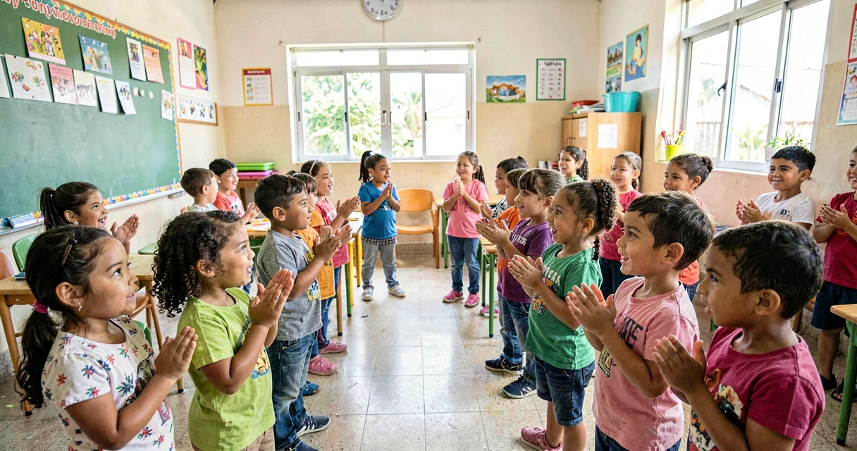plano de aula rima ou não rima: crianças da pré-escola batendo palmas em jogo de rimas