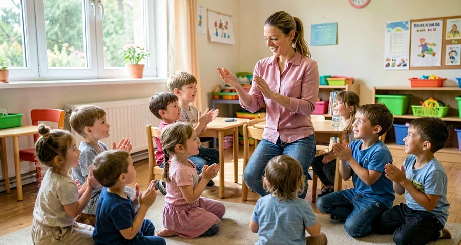 educadora demonstrando sequência de palmas para crianças da pré-escola