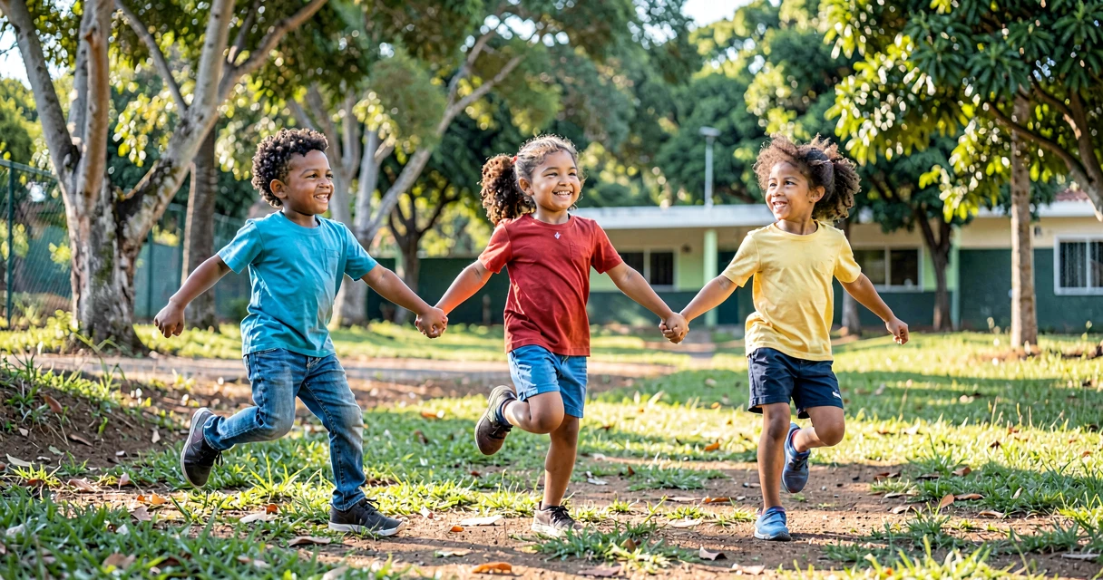 plano de aula pega-pega em trios: crianças da pré-escola correndo de mãos dadas em grupo