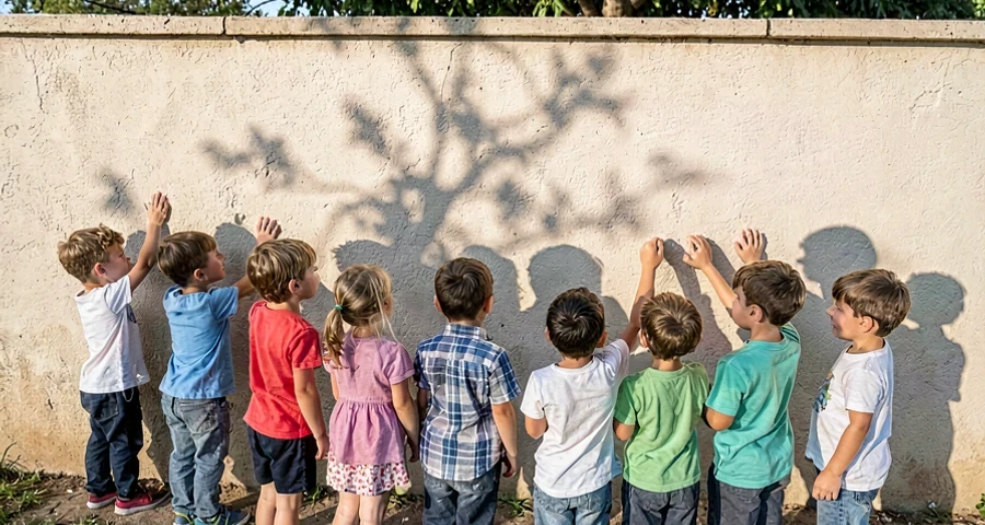 crianças da pré-escola comparando tamanhos de sombra próximo a uma parede