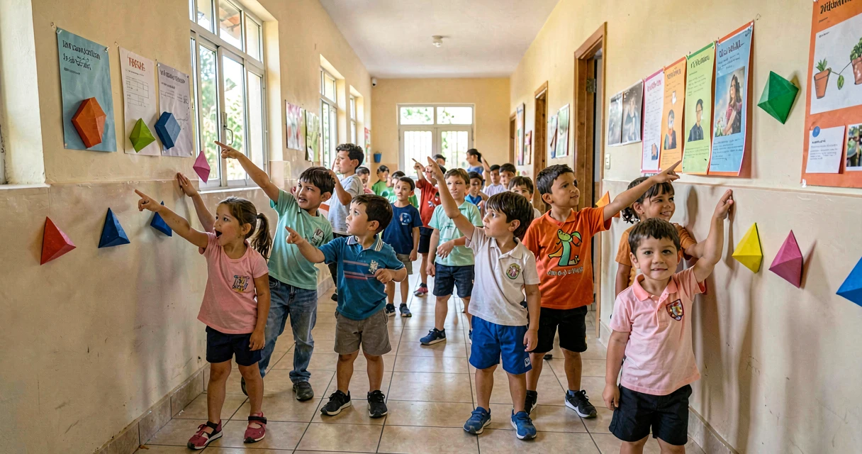 plano de aula formas geométricas: crianças da pré-escola explorando escola em busca de formas
