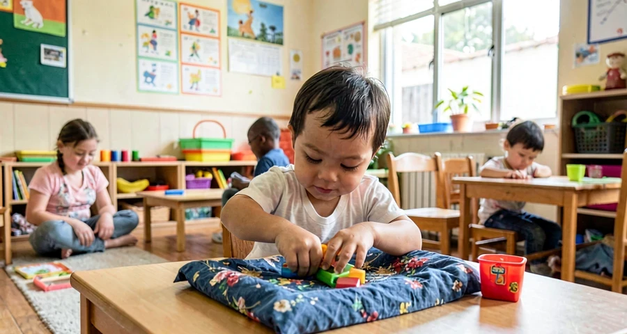 Desenvolvimento sensoriomotor: bebê explorando tecido e brinquedo durante atividade de permanência de objeto na creche