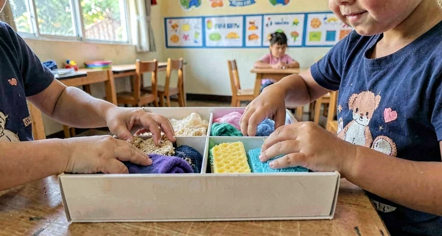 Exploração tátil creche: mãos de criança tocando diferentes texturas em caixa sensorial (algodão, lixa, tecido, esponja)