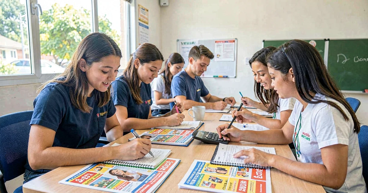 plano de aula porcentagem: alunos do 9º ano calculando descontos com panfletos de loja