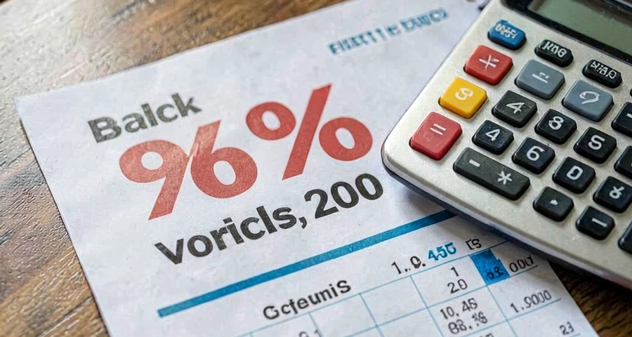panfleto de loja com desconto percentual ao lado de calculadora e caderno de cálculos
