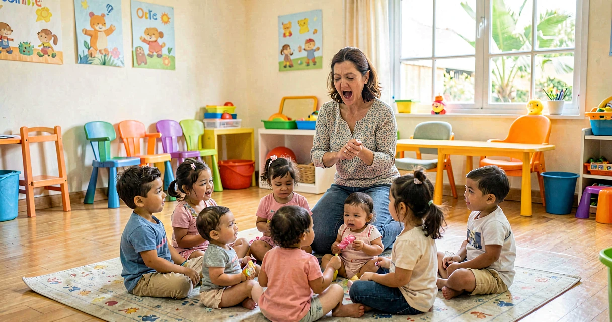 plano de aula chamada musical: educadora cantando nome de bebês em roda na creche