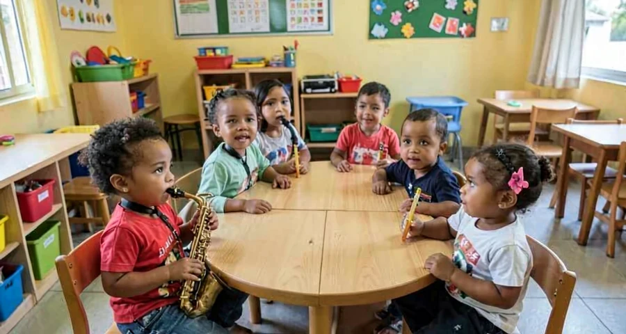 bebês atentos durante atividade de chamada musical na creche