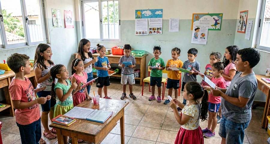 crianças da creche cantando durante atividade de história com música