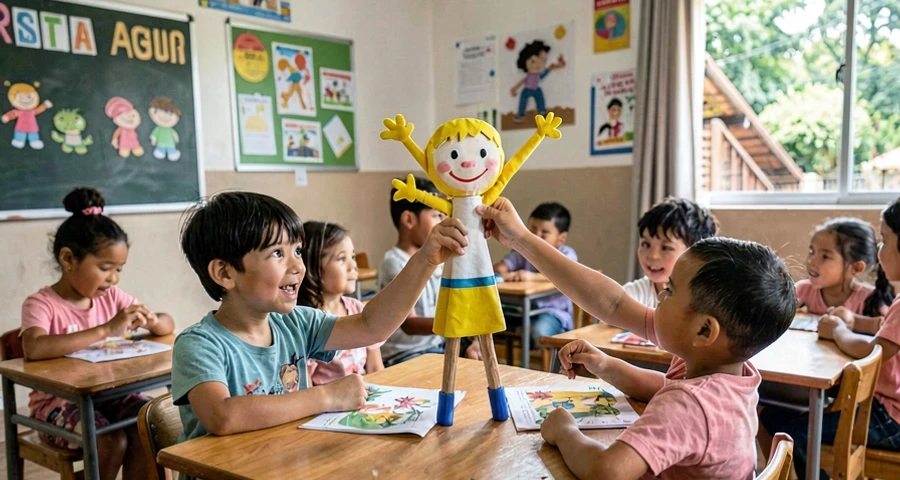 fantoche usado como apoio visual em atividade de história cantada na creche