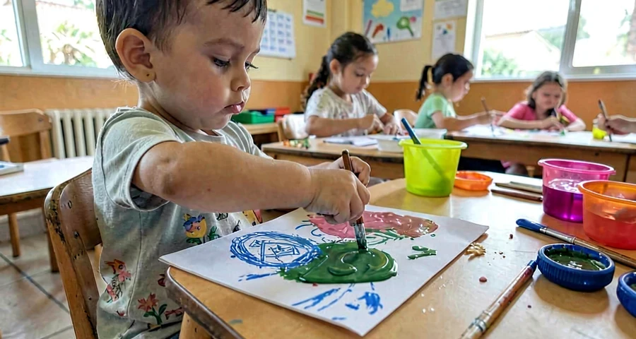mão de bebê carimbando folha com tinta em atividade artística na creche
