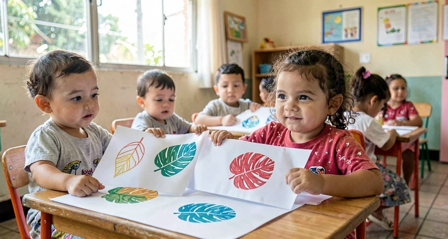 papel com carimbos de folhas coloridas feito por bebês na creche
