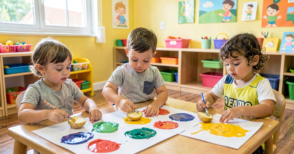 plano de aula carimbo de batata: crianças da creche carimbando com metade de batata