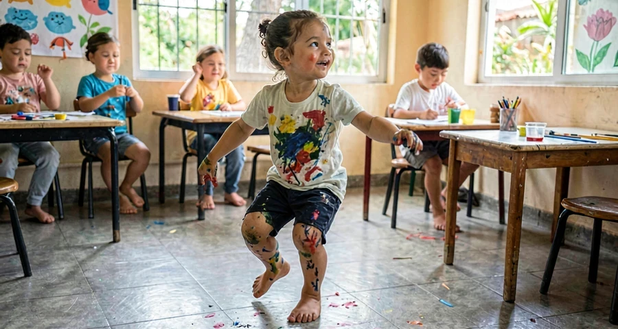 pé de criança coberto de tinta durante atividade artística corporal na creche
